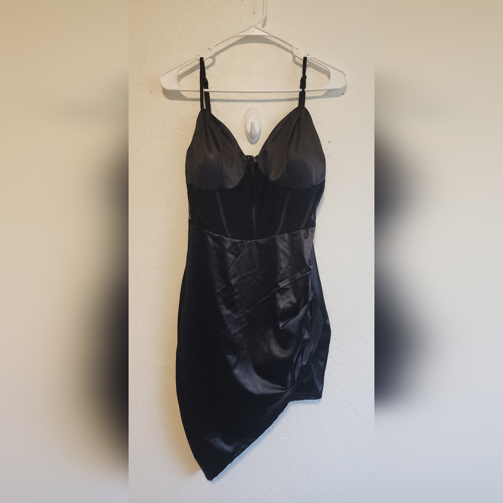 privy Black Satin V-Neck Slip with Structured Bodice